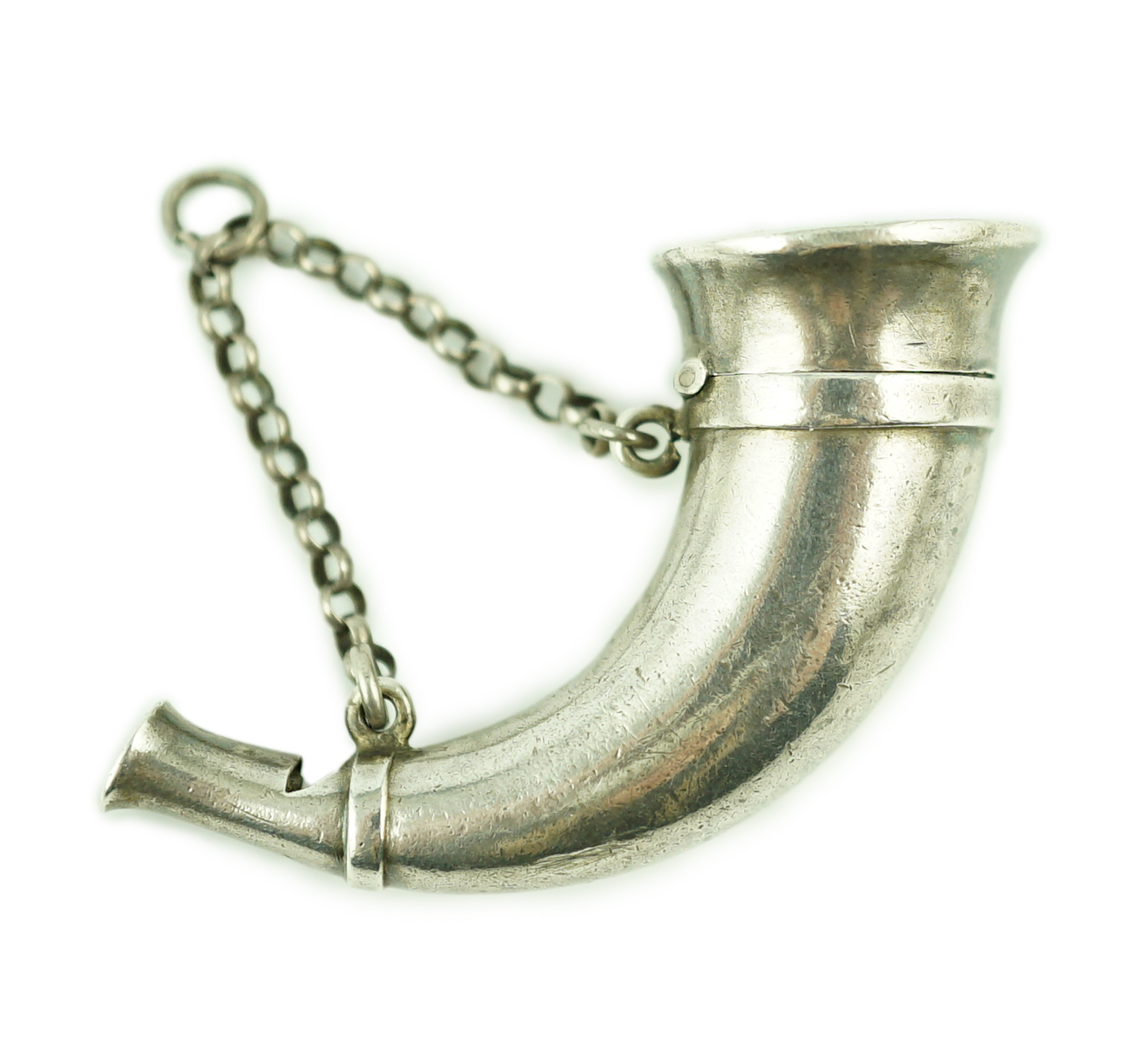 A late Victorian silver combination horn shape vinaigrette and whistle, by Sampson Mordan & Co.